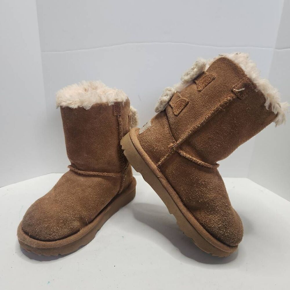 UGG Kids Chesnut Suede Bailey Knit Bow Wool Blend Plush Lined Winter Boots Sz 9